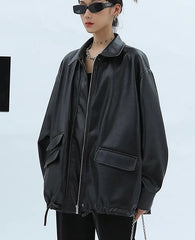 Oversized Casual Waterproof Black Soft Pu Leather Jacket