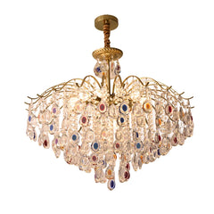 Decorative chandelier with multicolored crystals on a white background