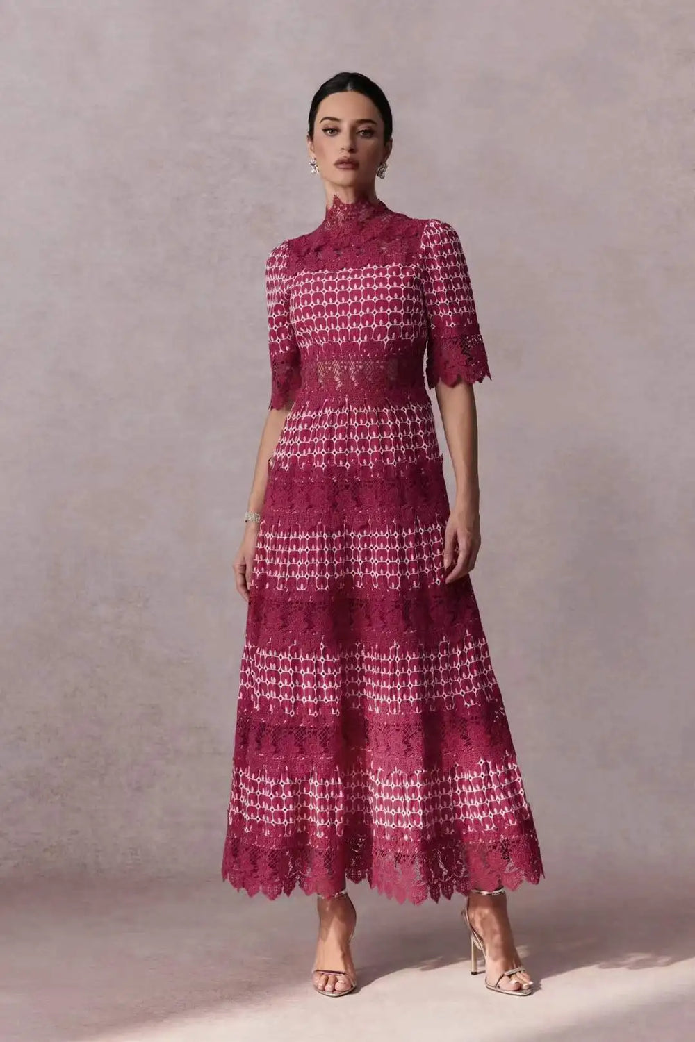 Lace mock neck short sleeve midi dress with geometric print