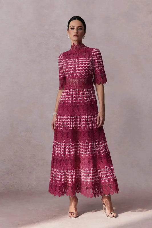 Lace mock neck short sleeve midi dress with geometric print