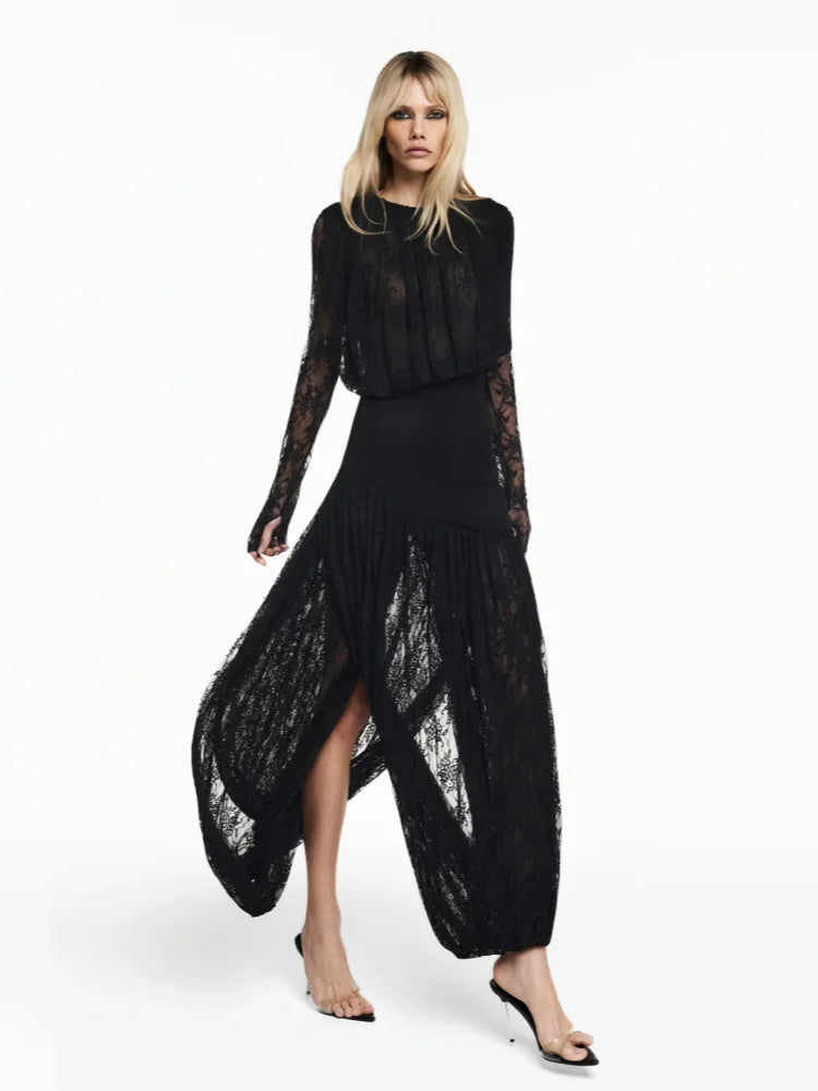Black lace split midi dress in motion