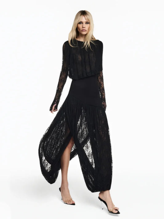 Black lace split midi dress in motion