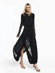 Black lace split midi dress in motion