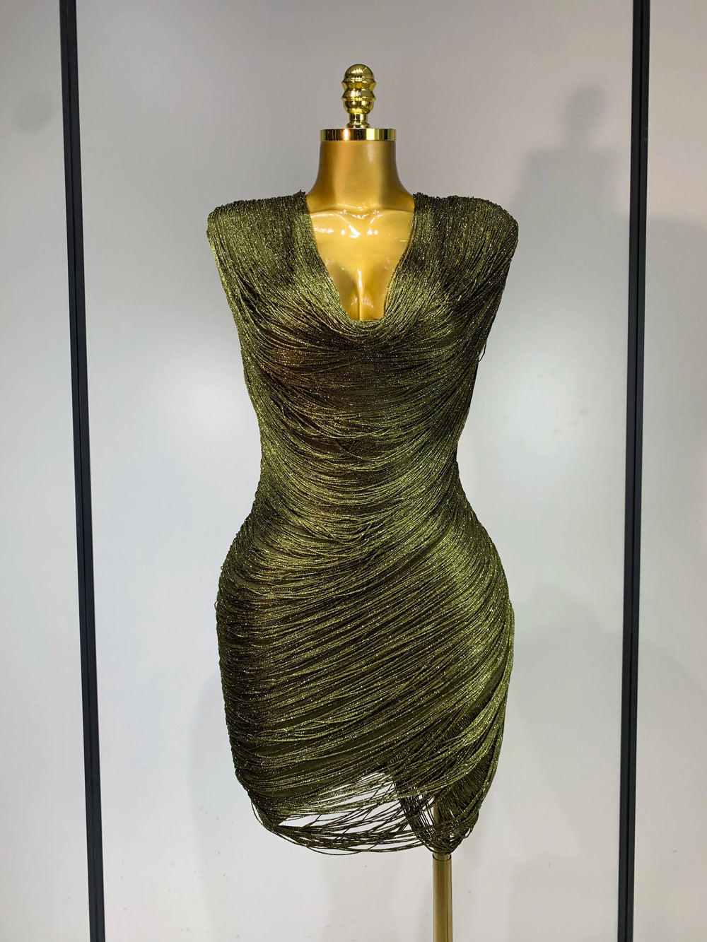 Draped metallic mini dress front view