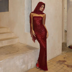 Claret Strapless Sequin Slit Backless Dress