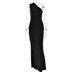 Satin One Shoulder Ruched Maxi Dress