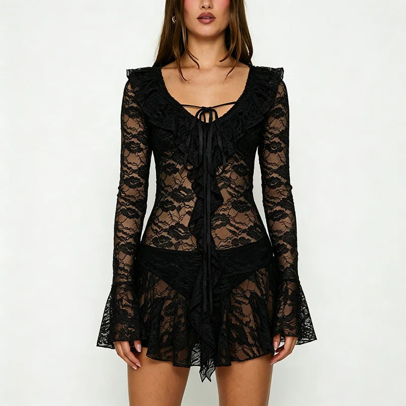 Black lace ruffle tie-up mini dress