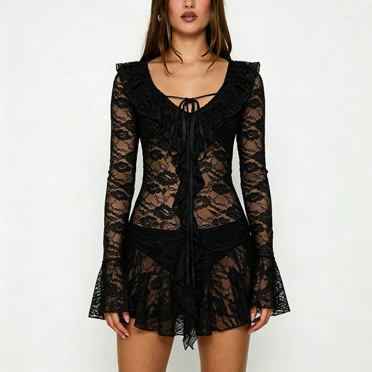 Black lace ruffle tie-up mini dress