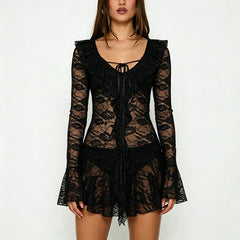 Black lace ruffle tie-up mini dress