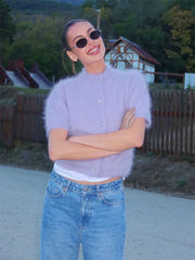 Mock Neck Puff Sleeve Fuzzy Top