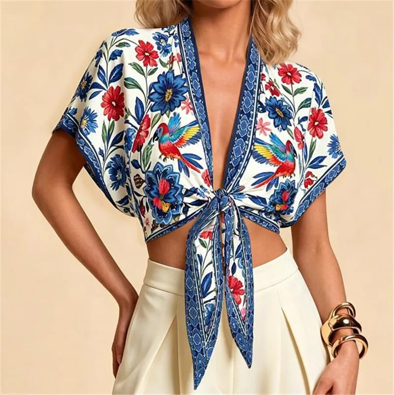 Floral bird print tie front v-neck top