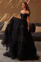 Open Shoulder Multilayer Ball Gown Tulle Puffy Robes Evening Dress