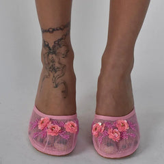 Embellished Mesh Wedge Mule Shoes
