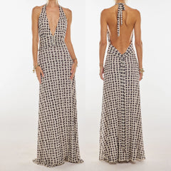 Black and white patterned halter neck dress shown from front and back on a white background