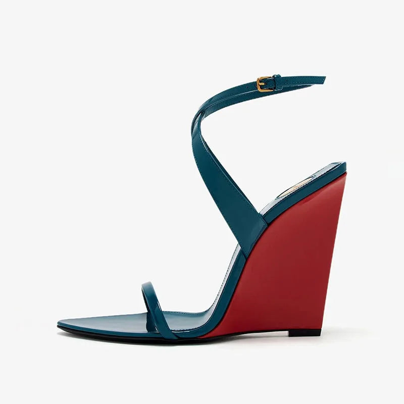 Teal and red wedge heel ankle strap sandal