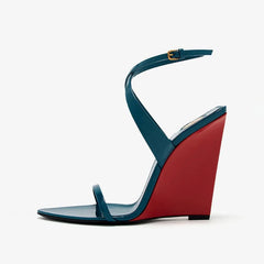 Teal and red wedge heel ankle strap sandal