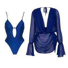 Blue Twisted Bandeau Bikini and Chiffon Cover up Set