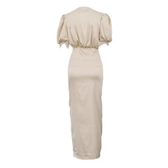 Lace V-Neck Puff Sleeve Maxi Dress