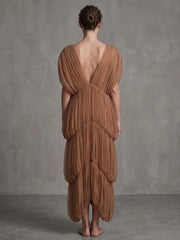 Brown Draped Layered Deep Neck Maxi Dress