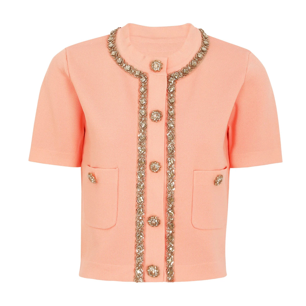 Pink embellished neckline short sleeve knit top