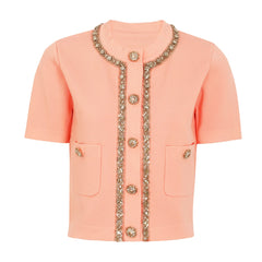 Pink embellished neckline short sleeve knit top