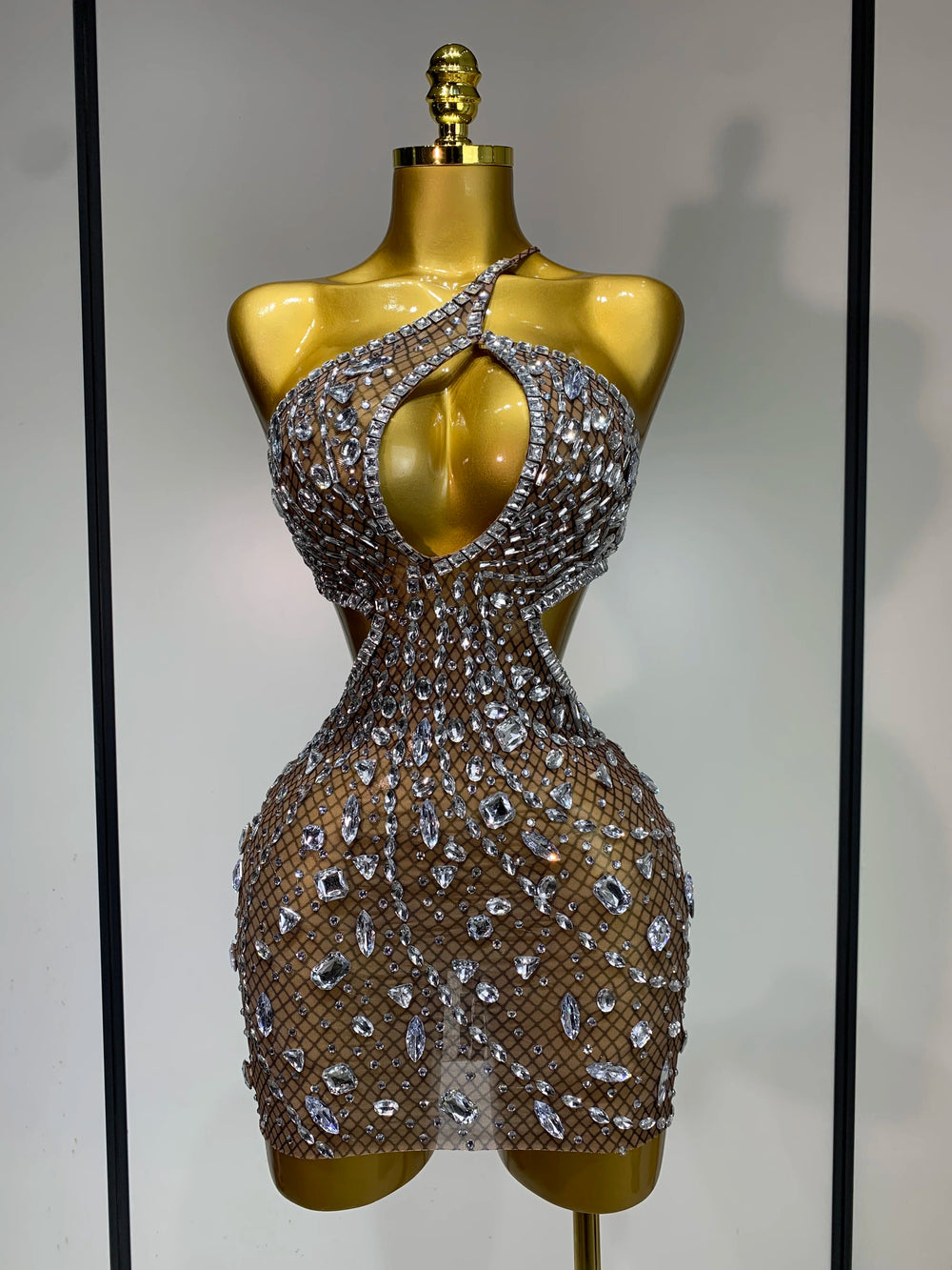 Crystal mesh mini dress with asymmetrical neckline