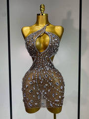 Crystal mesh mini dress with asymmetrical neckline
