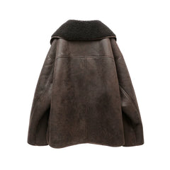 Lamb Wool Thickened Turn Down Collar Pockets Leather Jackets