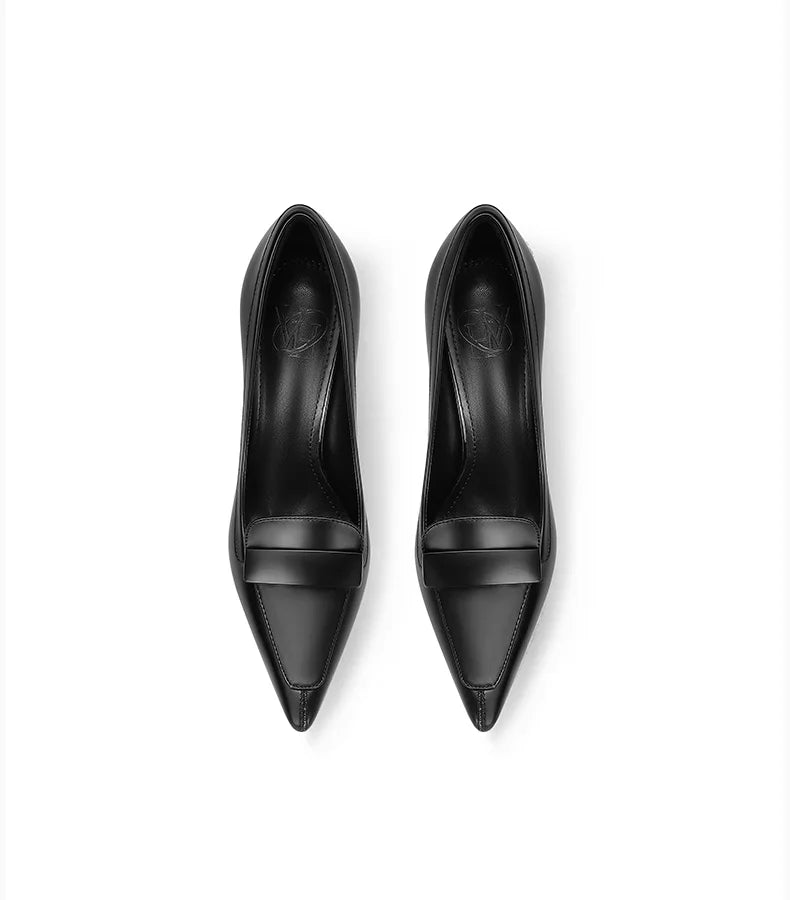 Pair of black high-heeled shoes on a white background