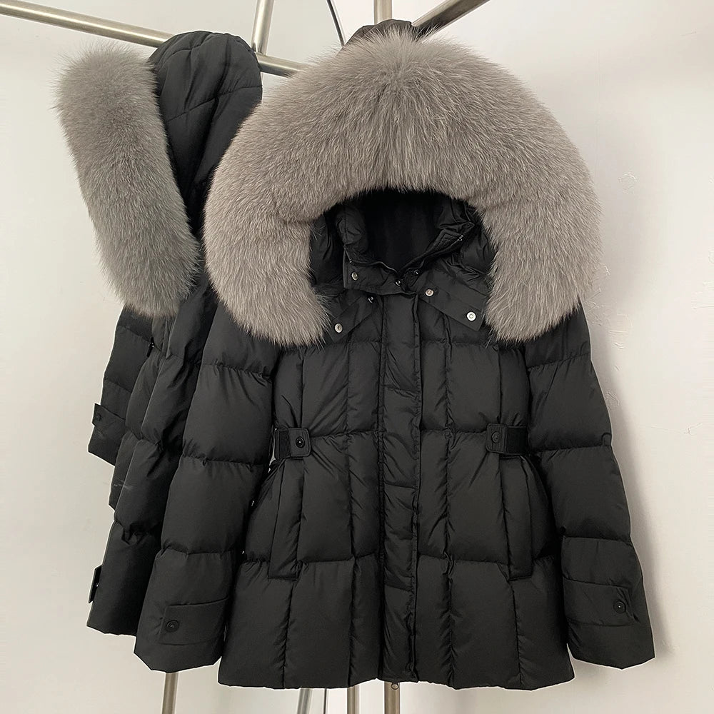 Black puffer jacket with gray fur hood 