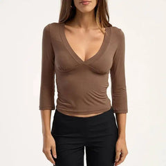 V Neck Three Quarter Sleeve Crop Top