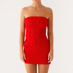 Red strapless lace dress on a white background