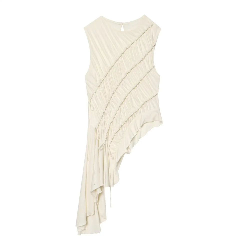 Asymmetrical ruched sleeveless top flat lay front