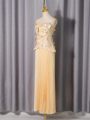Peach Floral Embroidered Strapless Top and Pleated Maxi Skirt Set
