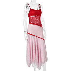 Pink Lace Patchwork Spaghetti Strap Maxi Dress