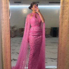 Blush Pink Mermaid Gown | Beaded Evening Dress with Cape
