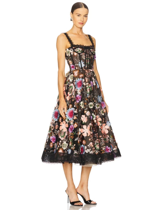 Floral lace midi dress with spaghetti straps