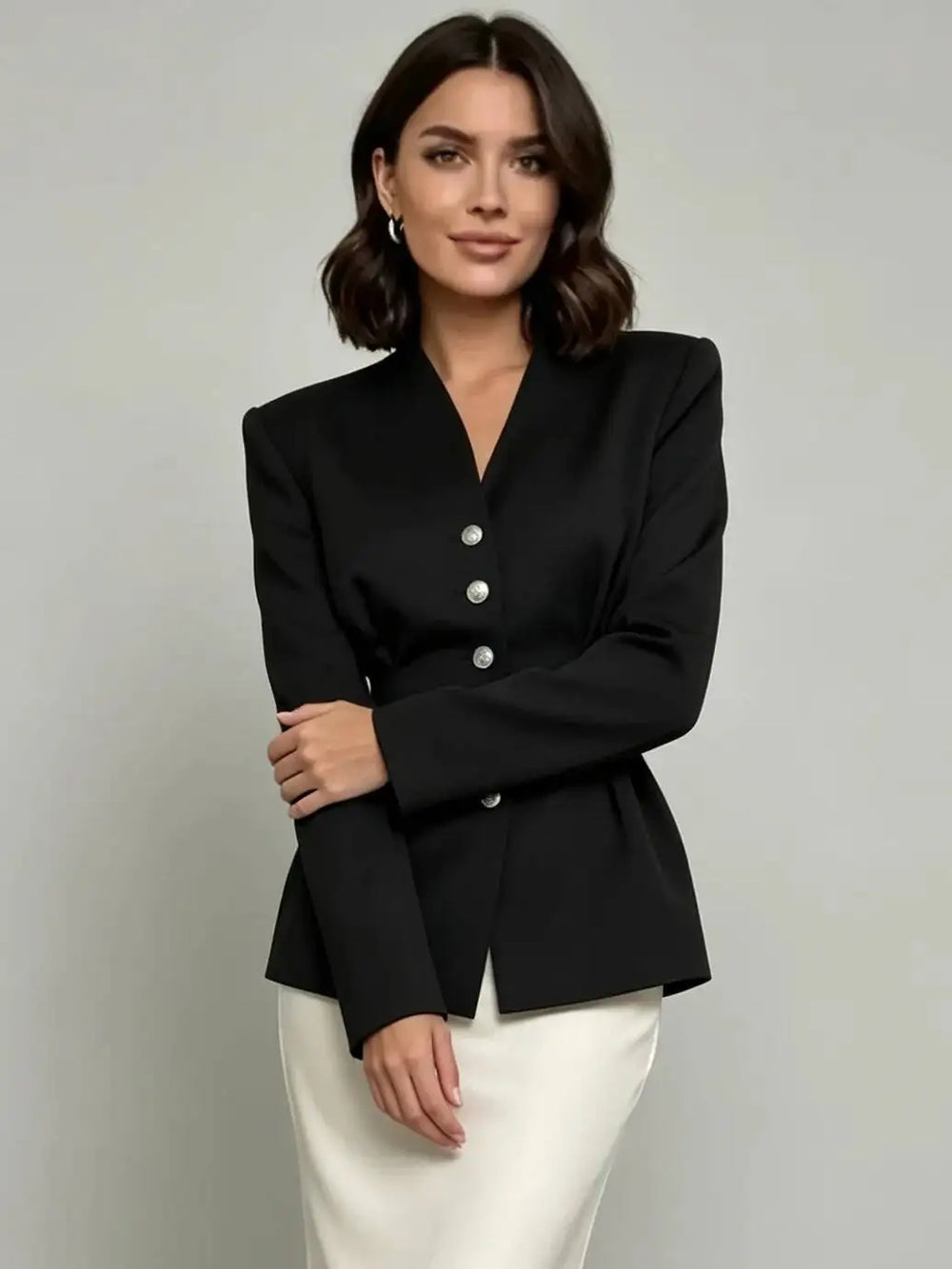 Peplum waist V-neck black blazer detail