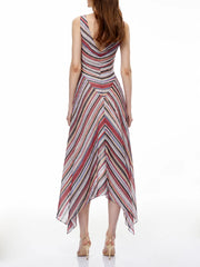 Back view of a striped V-neck sleeveless midi dress