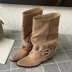 Khaki pointed toe ankle boots with buckle strap