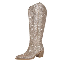 Glitter Pointed Toe Block Heel Cowboy Boots