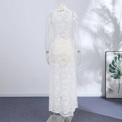 White Sleeveless Mock Neck Lace Long Slit Top And Pants Set
