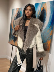 Spliced Leather Faux Fur Long Sleeve Jacket