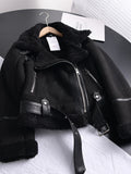 Thick Warm Suede Short Motorcycle Brown Coat Faux Sheepskin Leather