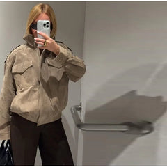Stand Collar Suede Bomber Jacket