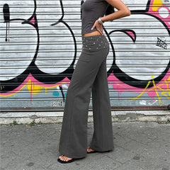 Studded fold over waistband flare pants