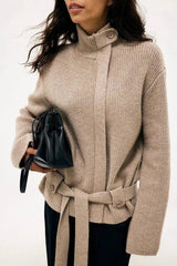 Ribbed knit belted turtleneck coat, close-up detail
