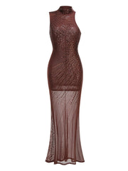 Sequin Embellished Mock Neck Sheer Gown Dress