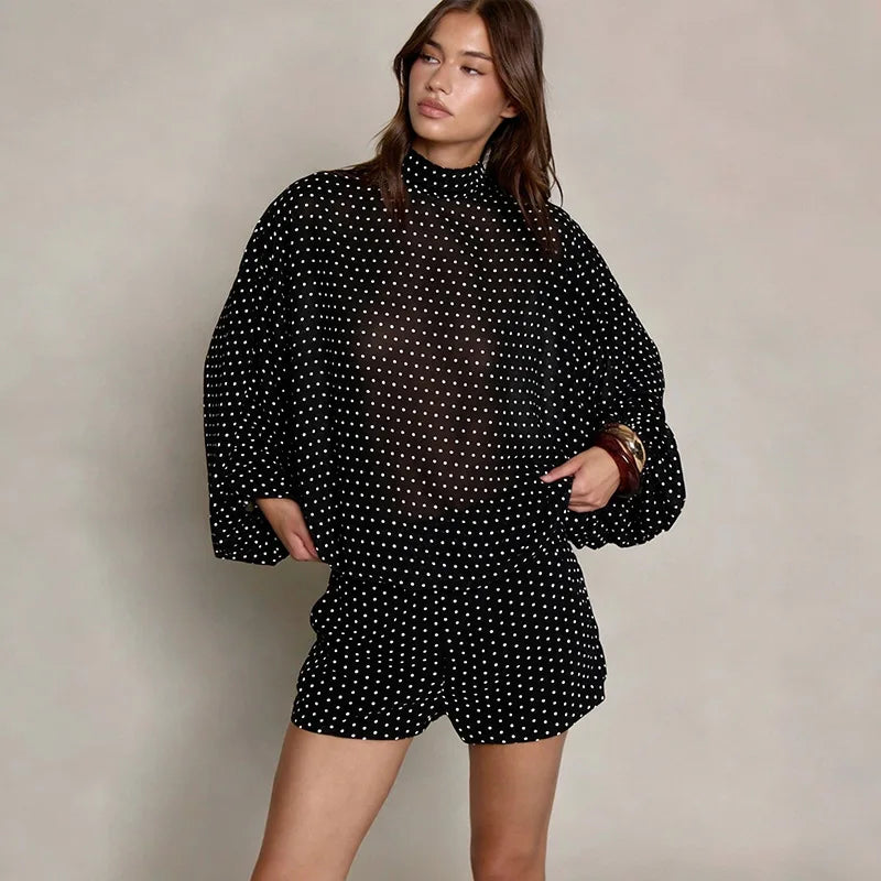 Black polka dot turtleneck chiffon top and shorts set