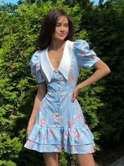 Puff Sleeve Ruffled Collar Mini Dress